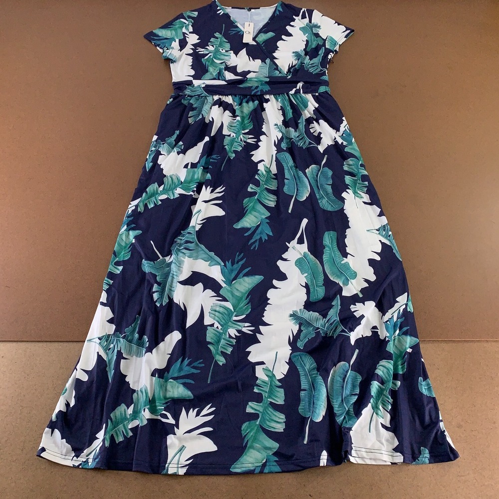 Navy Tropical Print Maxi Dress with Green Leaves
